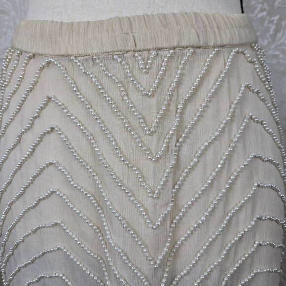 Jewel Queen Sz Med Beaded Sequin Evening Skirt Cream Silver Seashell Pearls Silk - Picture 2 of 13